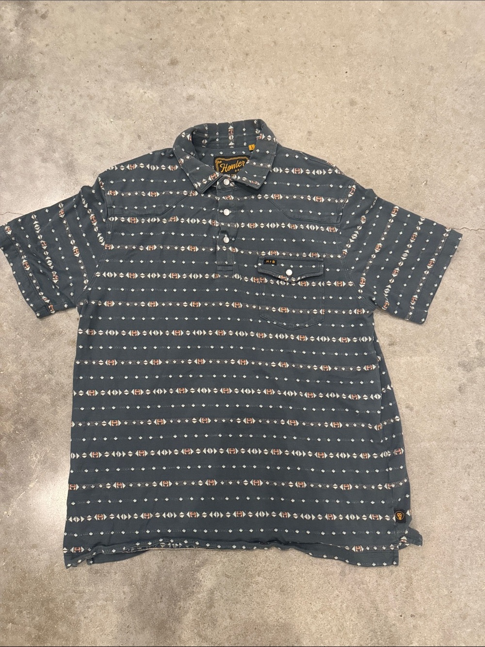 Howler Brothers Plusherman Polo Men’s Large Charcoal Southwestern Print All-Over